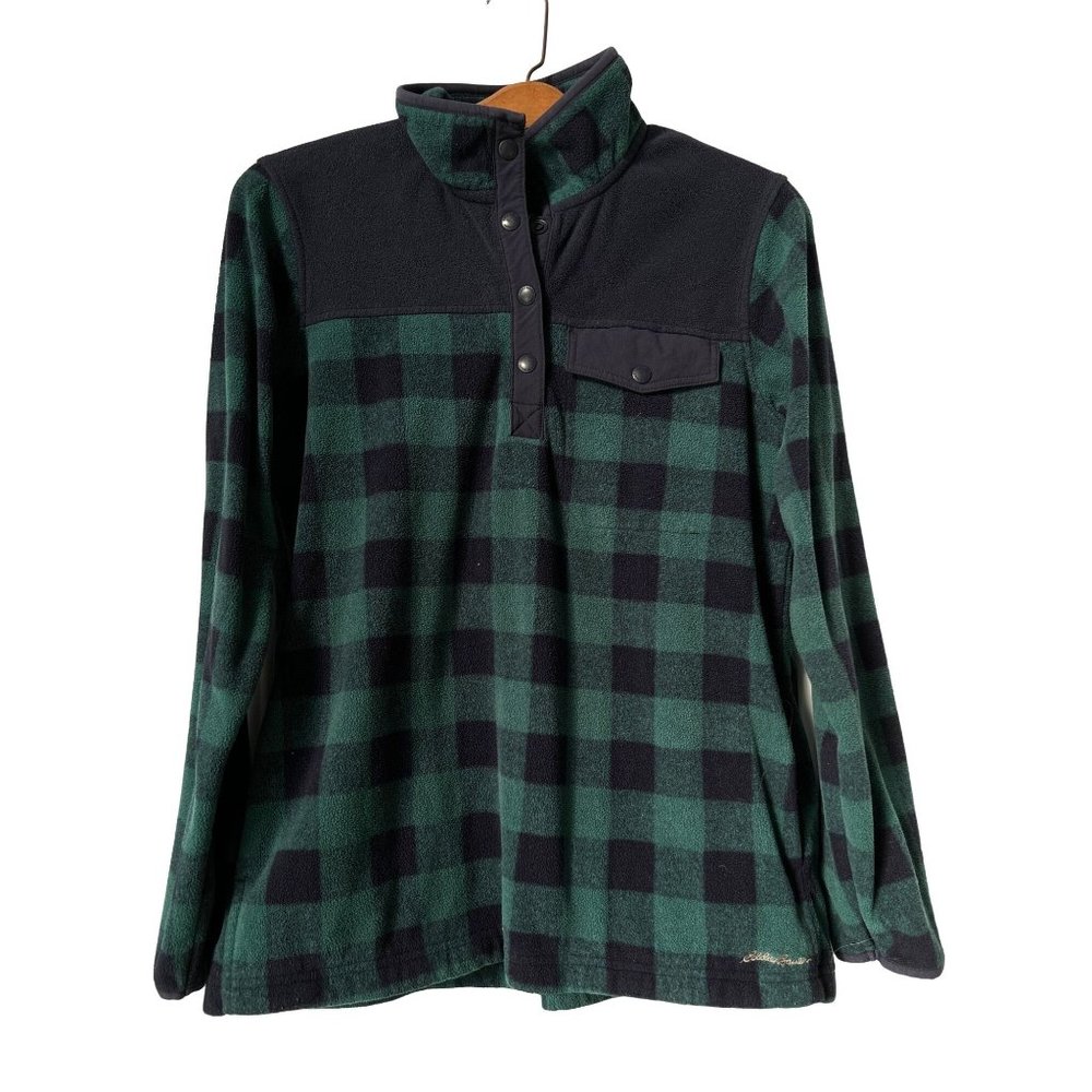 Eddie Bauer Snap Fleece Womens M Blue Green Buffalo Check 1/4 Sweatshirt Pockets